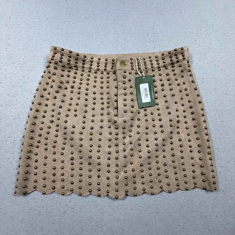 Green and Serene Tan Faux Suede Studded Scalloped Mini Skirt Womens Large